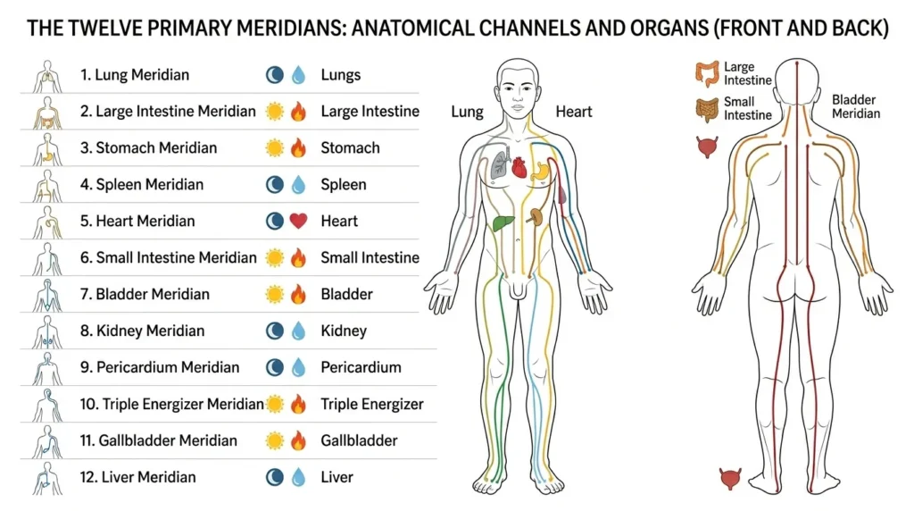Classical Chinese medical diagram of a human figure showing twelve colour-coded primary meridian pathways