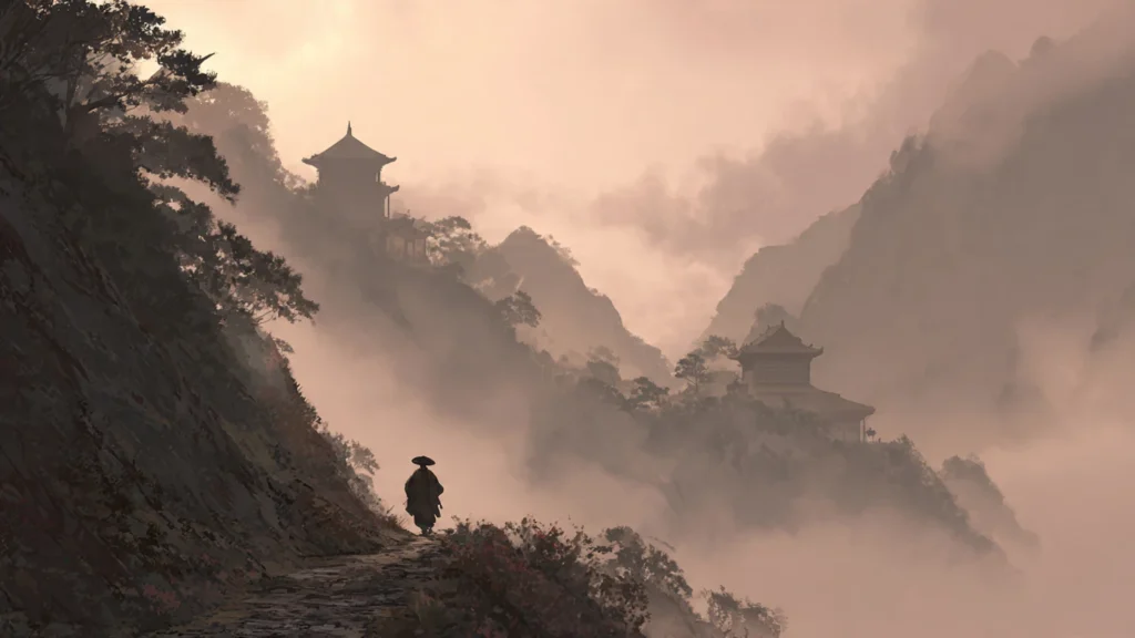 Solitary cultivator in misty mountains representing A Record of a Mortal's Journey to Immortality