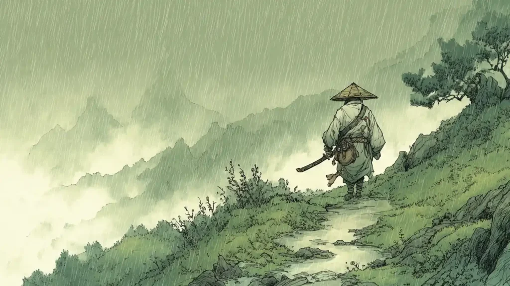 Solitary cultivator walking a mountain path in rain while others fly overhead, representing Han Li in ARMJTOI