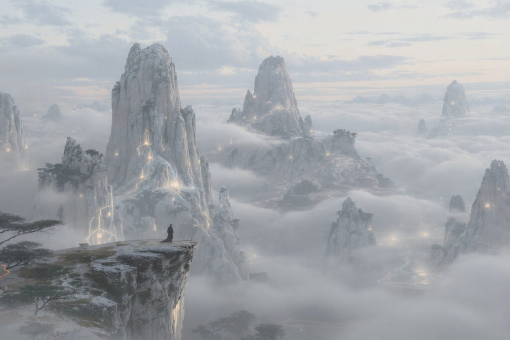 About Me Hero Image, A cultivation, standing at the edge of a cliff. looking over misty peaks.