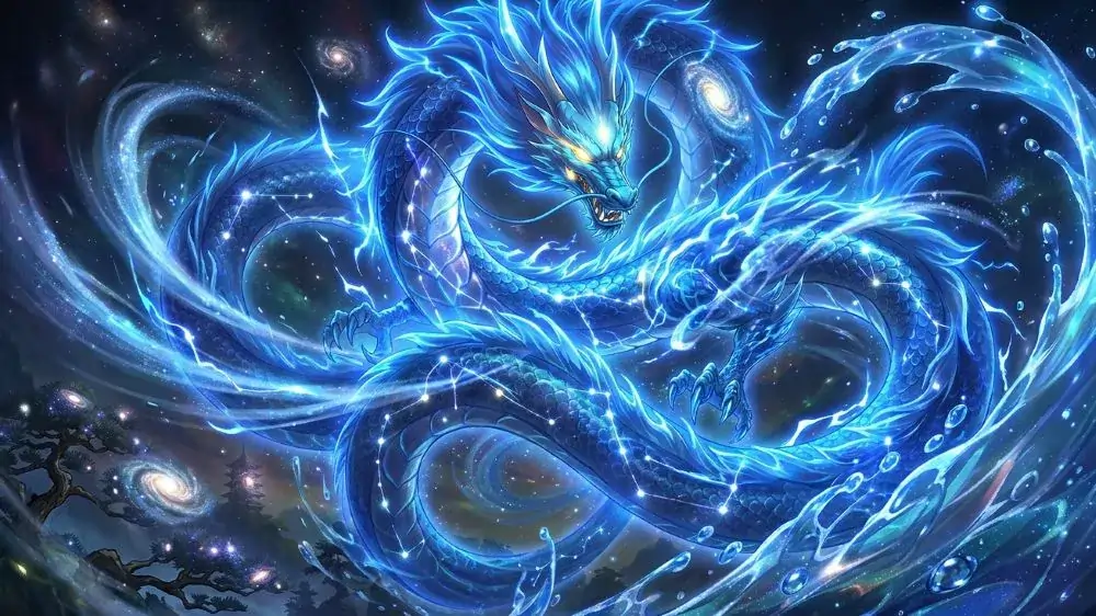 Cosmic Azure Dragon formed of stars and lightning in space