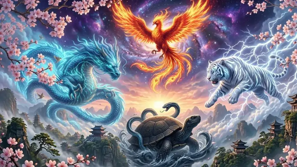 Four Symbols Azure Dragon White Tiger Vermilion Bird Black Tortoise in celestial formation