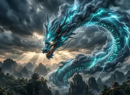 Azure Dragon Seiryu coiling through storm clouds with lightning in Chinese mythology