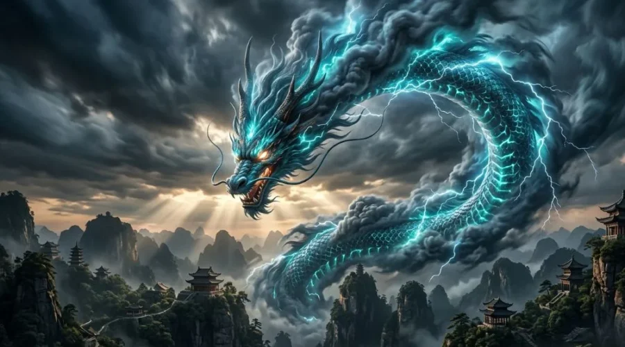 Azure Dragon Seiryu coiling through storm clouds with lightning in Chinese mythology