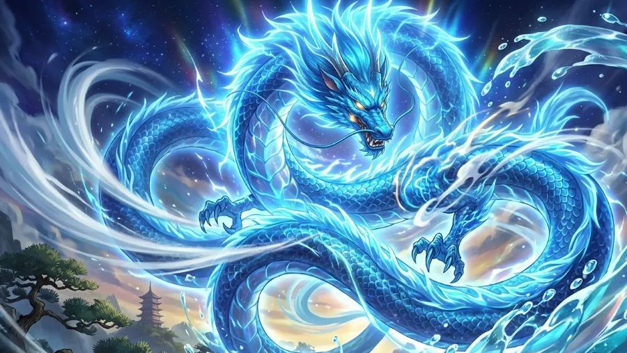 Seiryu anime style dragon with glowing aura and elemental energy