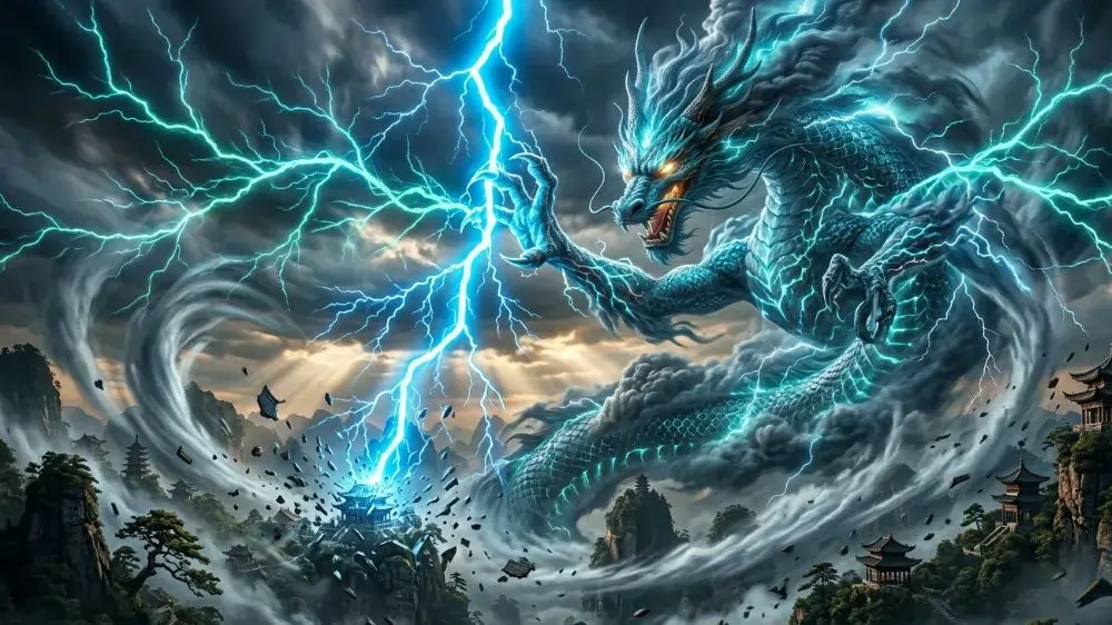 Azure Dragon summoning lightning storm with glowing energy and dramatic sky