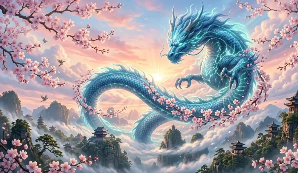 Azure Dragon flying in eastern sky with sunrise and blossoms symbolizing spring