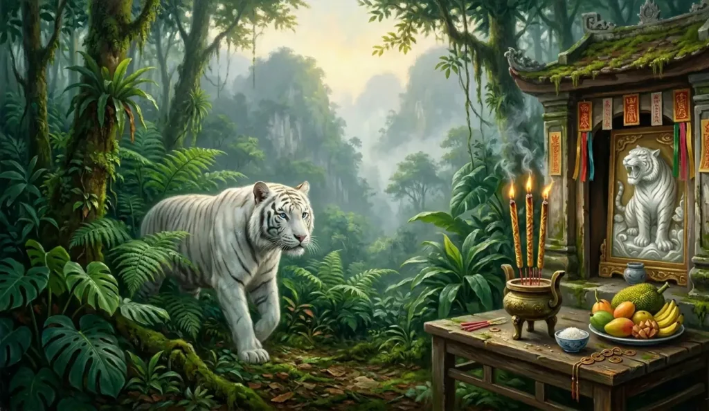 White tiger emerging from Vietnamese jungle at dawn beside a traditional folk religion shrine with offerings representing Bach Ho sacred tradition