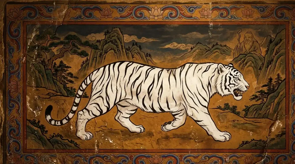 Goguryeo tomb mural style painting of Baekho the Korean white tiger mid-stride