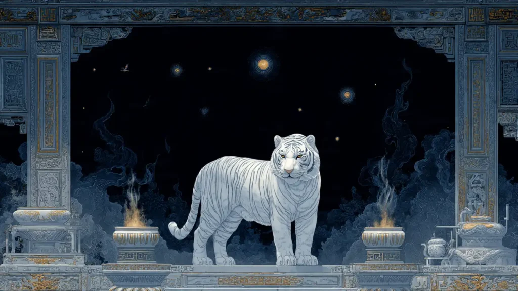 white tiger guarding an ancient Chinese tomb entrance beneath the seven western lunar mansion stars