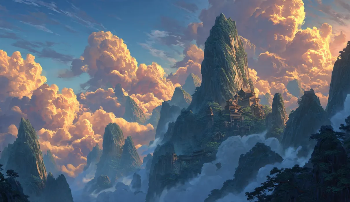 An immortal mountain range with glowing sect formations representing the vast world of best cultivation novels