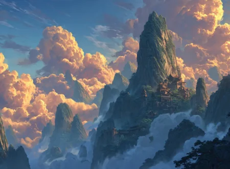 An immortal mountain range with glowing sect formations representing the vast world of best cultivation novels