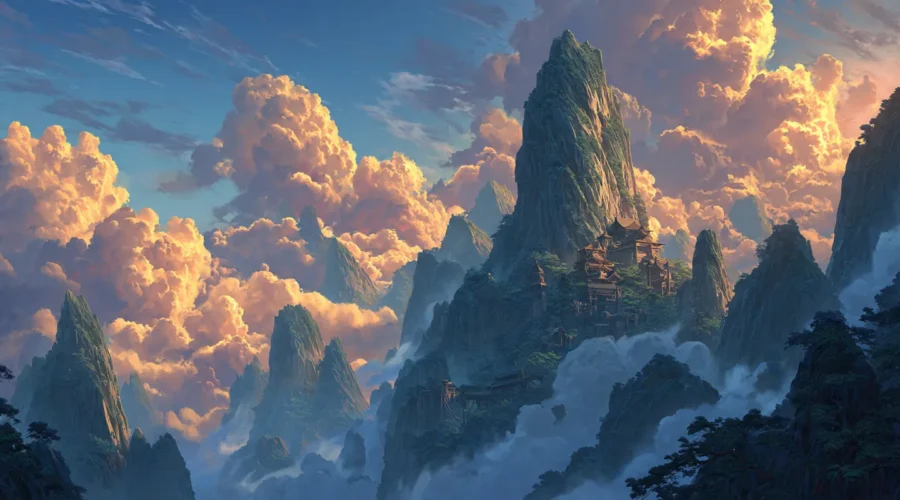 An immortal mountain range with glowing sect formations representing the vast world of best cultivation novels