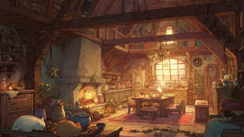 A cozy farmhouse interior with gentle magical elements.