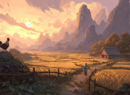 Beware of Chicken - A calm farm scene with a farmer and a rooster.