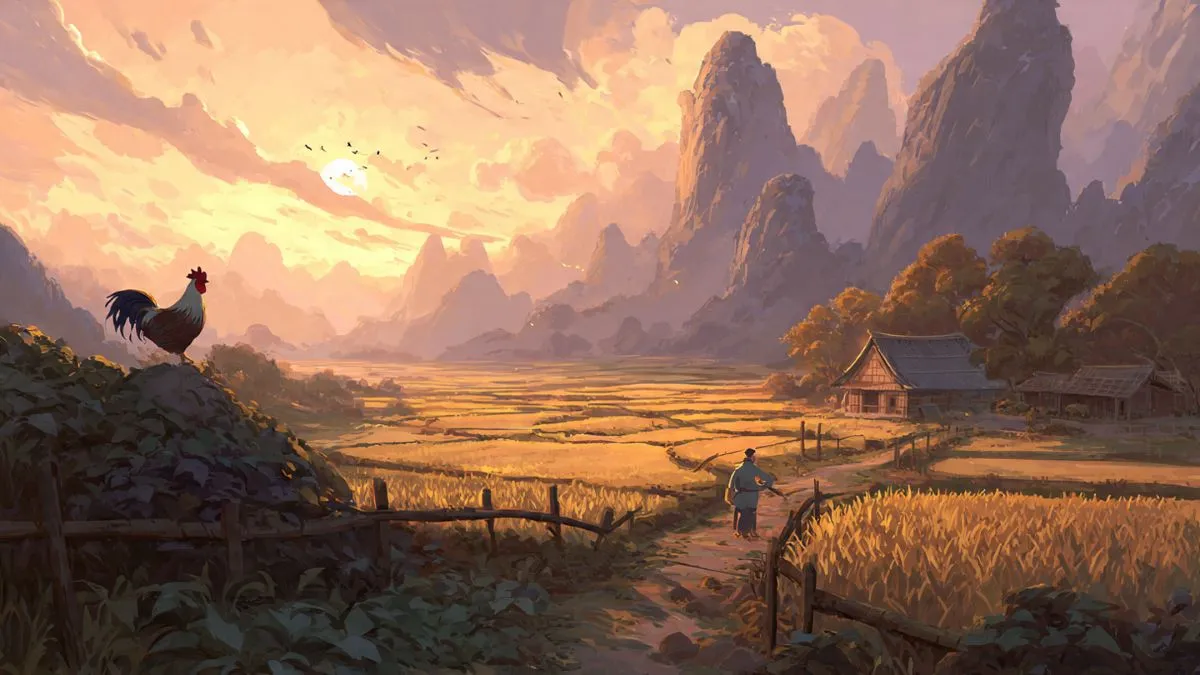 Beware of Chicken - A calm farm scene with a farmer and a rooster.
