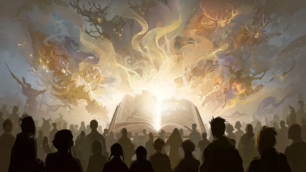 A glowing story spreading outward and attracting a wide audience.