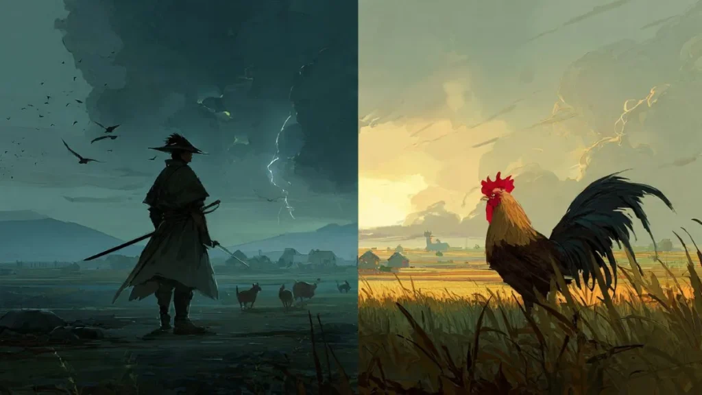 A divided image contrasting a chaotic magical battle with a peaceful farm.