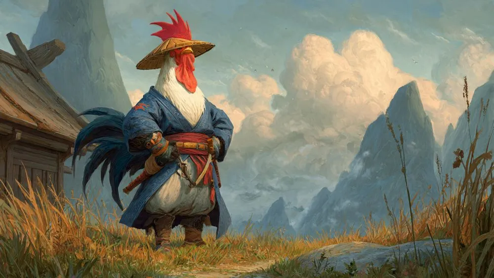 A rooster posed heroically as if a great warrior, standing in a farmyard.