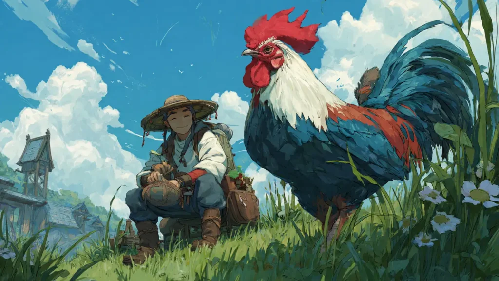 Wholesome fantasy farm artwork inspired by Beware of Chicken with spiritual rooster