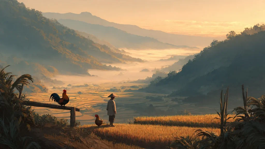 Peaceful cultivation farm at sunrise with a dignified rooster on a fence post representing Jin Rou and Bi De from Beware of Chicken