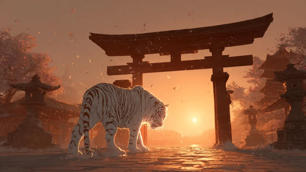 white tiger spirit passing through a torii gate in ancient Nara, Japan