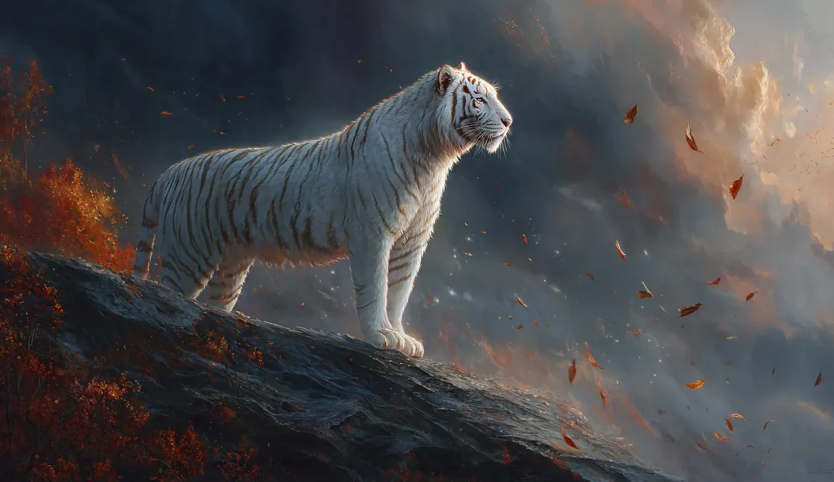 Majestic white tiger standing on a mountain cliff at dusk with celestial star patterns visible in its fur representing Byakko divine beast