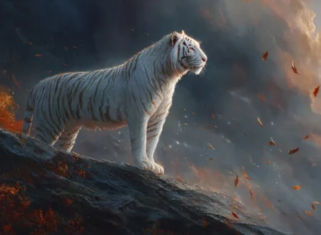 Majestic white tiger standing on a mountain cliff at dusk with celestial star patterns visible in its fur representing Byakko divine beast