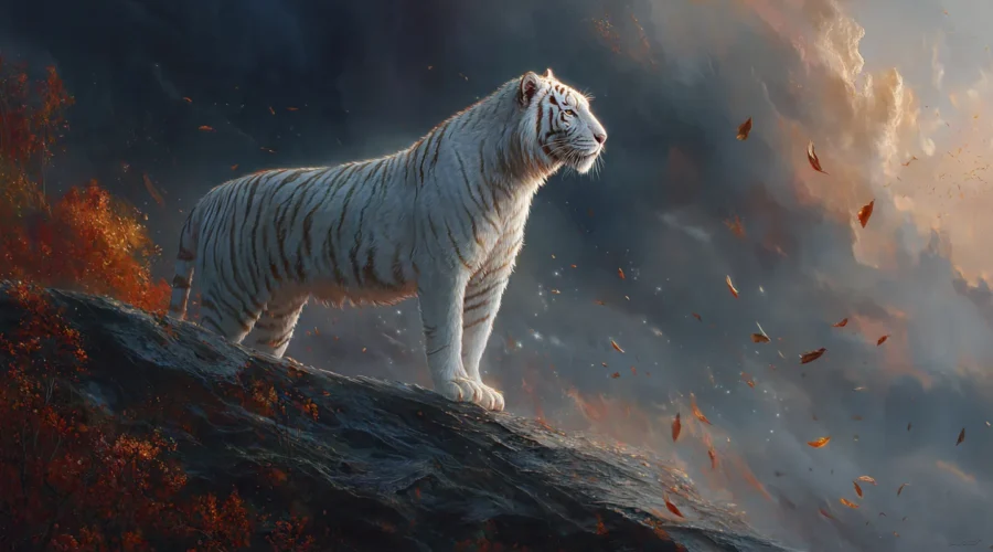 Majestic white tiger standing on a mountain cliff at dusk with celestial star patterns visible in its fur representing Byakko divine beast