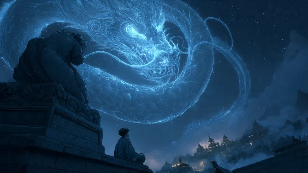 Young cultivator meditating beside a glowing ancient dragon sculpture with draconic qi energy in a Coiling Dragon-inspired scene