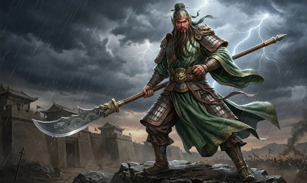 Guan Yu gripping a Guan Dao with both hands, full-body view.