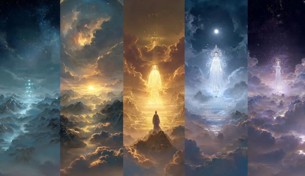 A cultivator evolves through cultivation stages from mortal to glowing immortal form.