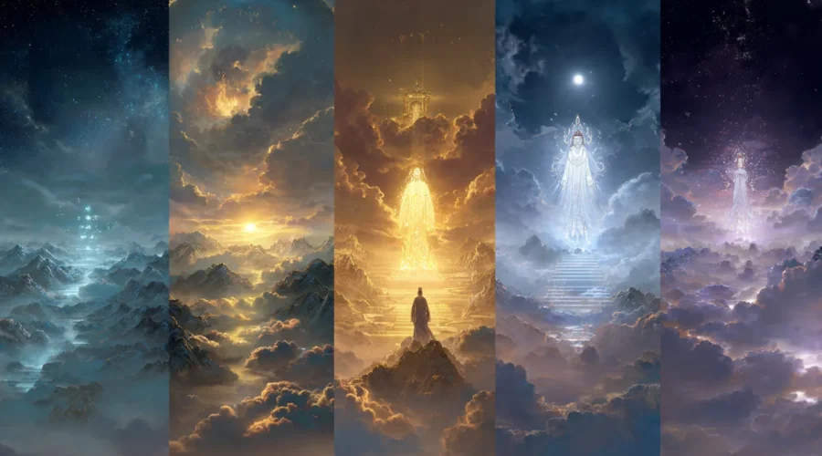 A cultivator evolves through cultivation stages from mortal to glowing immortal form.