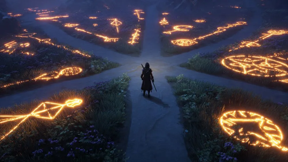 Cultivator choosing different narrative paths symbolizing creative storytelling choices