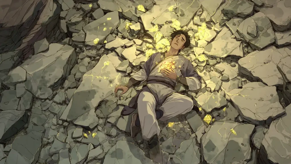 Fallen cultivator with a shattered dark dantian showing fractured golden qi crystal fragments inside the lower abdomen