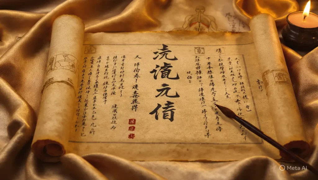 Ancient Chinese manuscript showing the dantian characters 丹田 in classical calligraphy