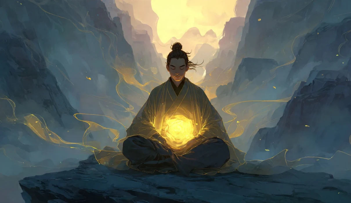 Meditating xianxia cultivator with a glowing golden dantian sphere visible inside the lower abdomen absorbing ambient qi energy at dawn