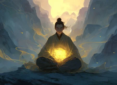 Meditating xianxia cultivator with a glowing golden dantian sphere visible inside the lower abdomen absorbing ambient qi energy at dawn