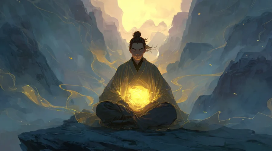 Meditating xianxia cultivator with a glowing golden dantian sphere visible inside the lower abdomen absorbing ambient qi energy at dawn