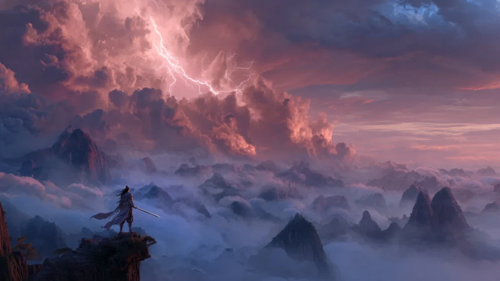 Epic fantasy illustration representing Desolate Era with swordsman and ancient mountains