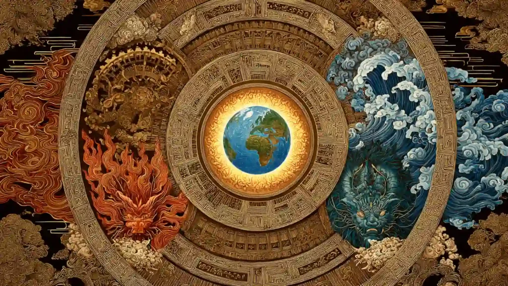 Earth appears at the center of the five elements while the other four surround it in balanced formation.