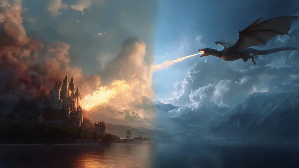 illustration of a Western dragon breathing fire over a medieval castle