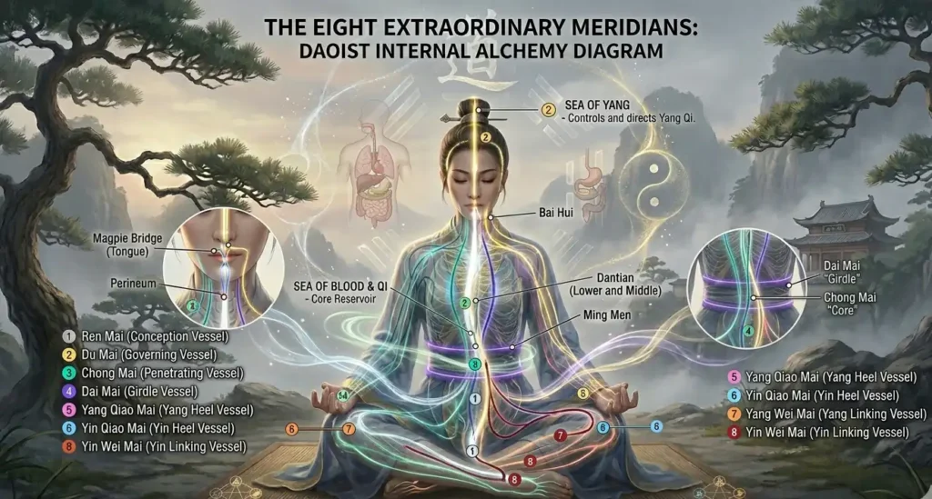 Daoist meditator with semi-transparent body showing eight extraordinary meridians including the glowing Ren Mai and Du Mai central channels