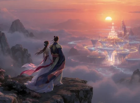 An Immortal Couple Standing Over A Cliff in a Perfect Scene from Fantasy Romance Novels.