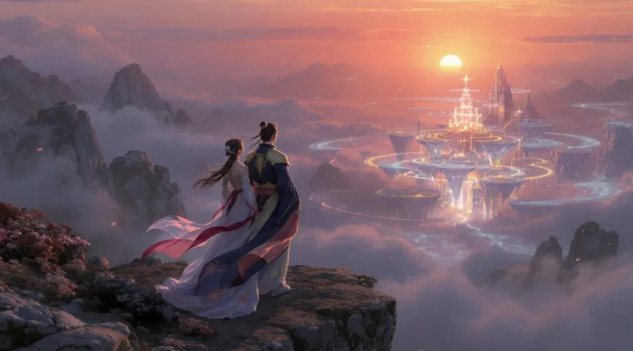 An Immortal Couple Standing Over A Cliff in a Perfect Scene from Fantasy Romance Novels.