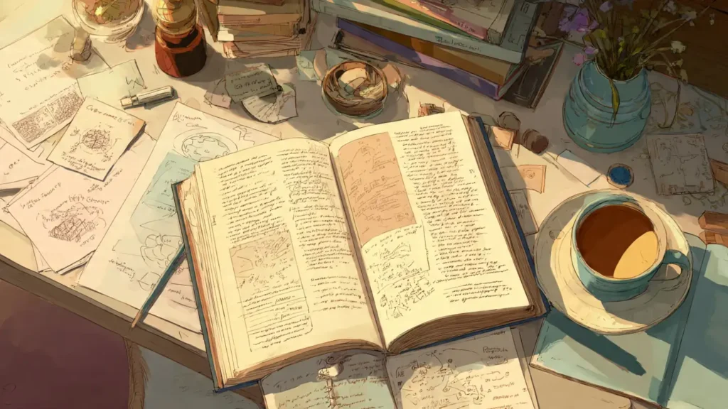 Reader's desk covered in open cultivation novels with handwritten notes and realm diagrams representing years of dedicated xianxia reading