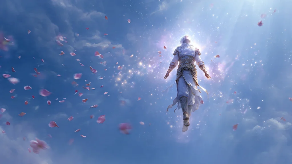 An immortal awakens, glowing with celestial energy in the sky.