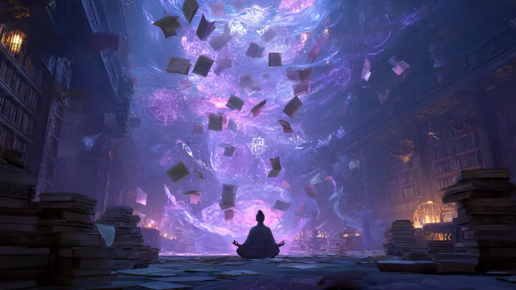 Cultivator studying in mystical library, representing curated cultivation novel recommendations