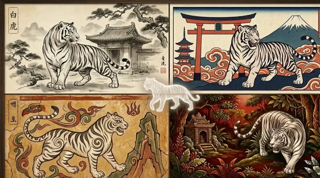 Four panel cultural comparison showing Baihu Byakko Baekho and Bach Ho white tiger traditions