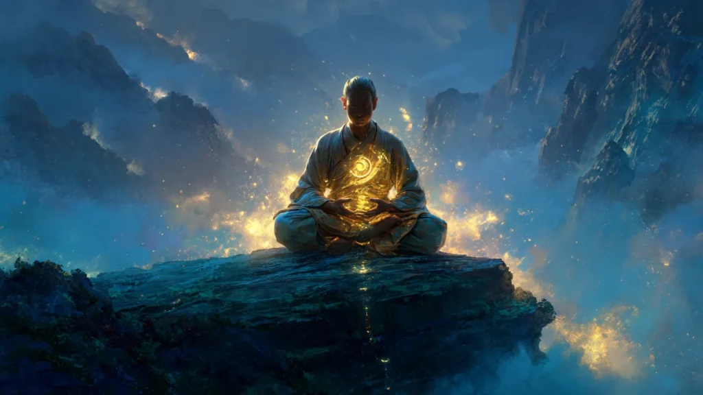 A cultivator meditating, sitting cross-legged as his dantian glows
